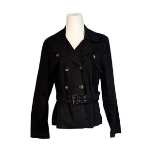 Old Navy Women (L) Black 100% Cotton Canvas Belted Short Trench Rain Coat Jacket